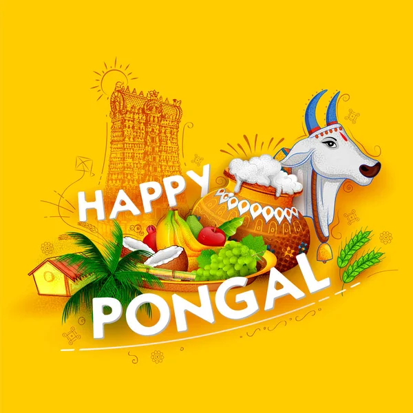 Feliz Fiesta de la Vendimia de Pongal Festival de Tamil Nadu Sur de la India saludando fondo — Vector de stock