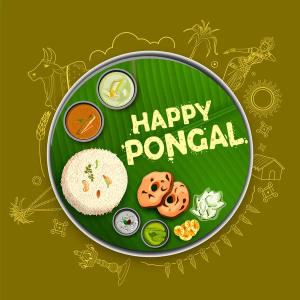幸せ Pongal 休日収穫祭タミル ・ ナードゥ州南インドの背景の挨拶 — ストックベクタ