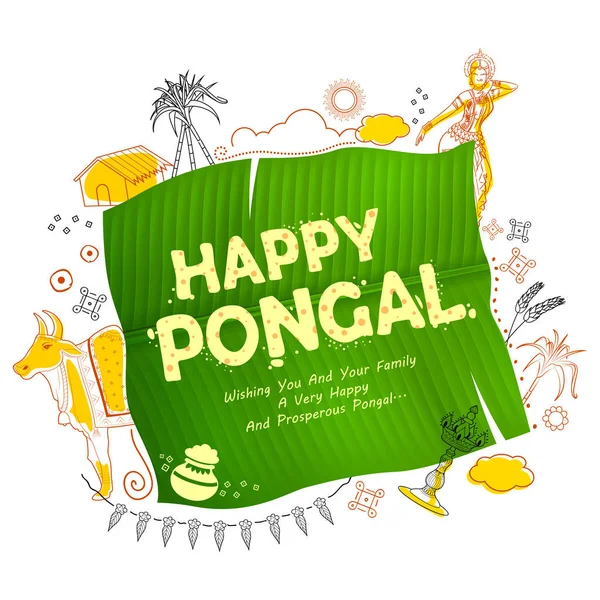 Feliz Pongal Holiday Harvest Festival de Tamil Nadu Sul da Índia saudação fundo — Vetor de Stock