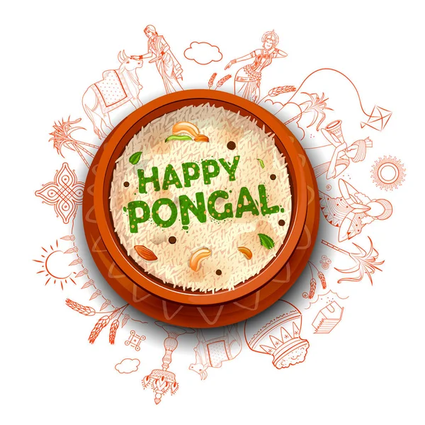 Happy Pongal Holiday Harvest Festival of Tamil Nadu South India greeting background — Stock Vector