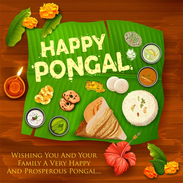 Feliz Fiesta de la Vendimia de Pongal Festival de Tamil Nadu Sur de la India saludando fondo — Archivo Imágenes Vectoriales