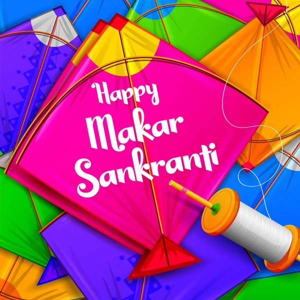 Happy Makar Sankranti วอลล์เปเปอร์ที่มีสายว่าวสีสันสําหรับเทศกาลของอินเดีย — ภาพเวกเตอร์สต็อก