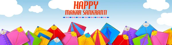 Fondo de pantalla Happy Makar Sankranti con cadena de cometas de colores para el festival de la India — Vector de stock
