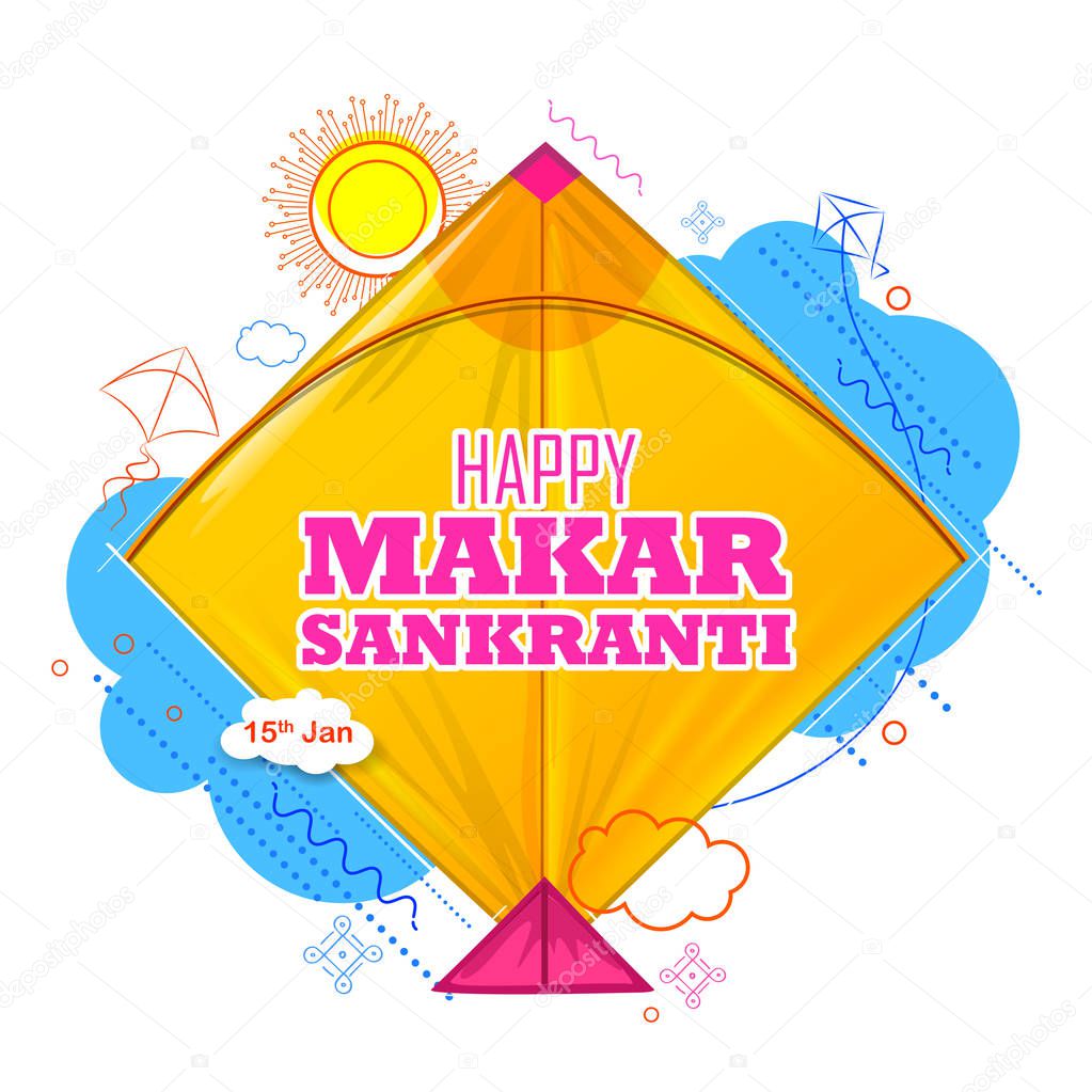 Happy Makar Sankranti wallpaper with colorful kite string for festival of India