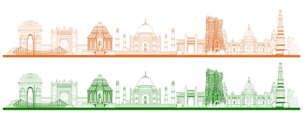 著名的印度纪念碑和地标, 如泰姬陵, 印度门, 库图布米纳尔和查尔米纳尔为印度共和国节快乐 — 图库矢量图片