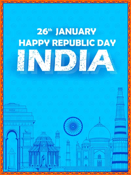 Híres indiai emlékmű és mérföldkő mint a Taj Mahal, a India kapu, a Qutub Minar és Charminar boldog Köztársaság napja India — Stock Vector