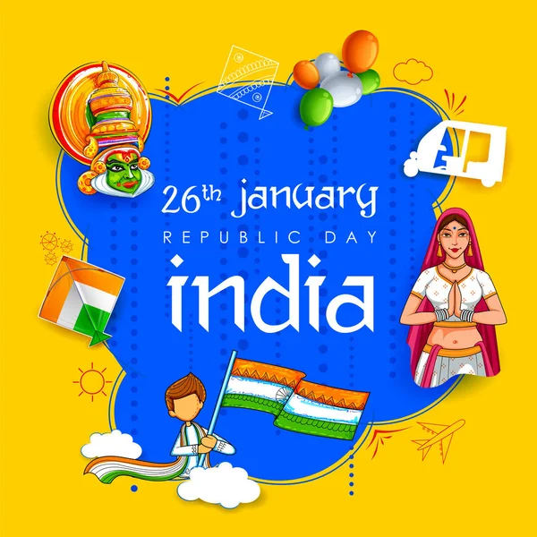 Κυρία σε τρίχρωμη saree ινδική σημαία για 26 Ιανουαρίου ευτυχισμένη ημέρα της Δημοκρατίας της Ινδίας — Διανυσματικό Αρχείο
