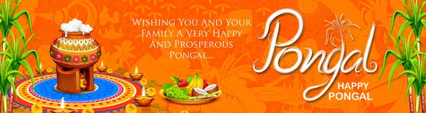 Buon Pongal Holiday Harvest Festival del Tamil Nadu Sud India sfondo saluto — Vettoriale Stock