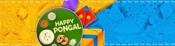 Feliz Fiesta de la Vendimia de Pongal Festival de Tamil Nadu Sur de la India saludando fondo — Vector de stock