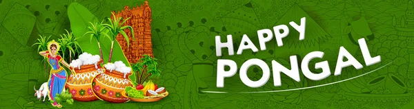 Happy Pongal Holiday Harvest Festival of Tamil Nadu South India greeting background — Stock Vector