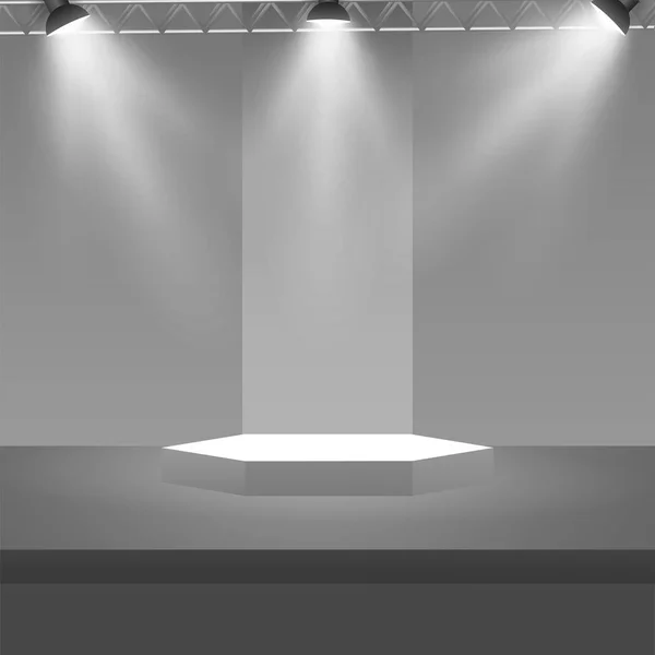 Podio de escenario vacío con proyectores en sala de estudio en blanco para la presentación — Vector de stock