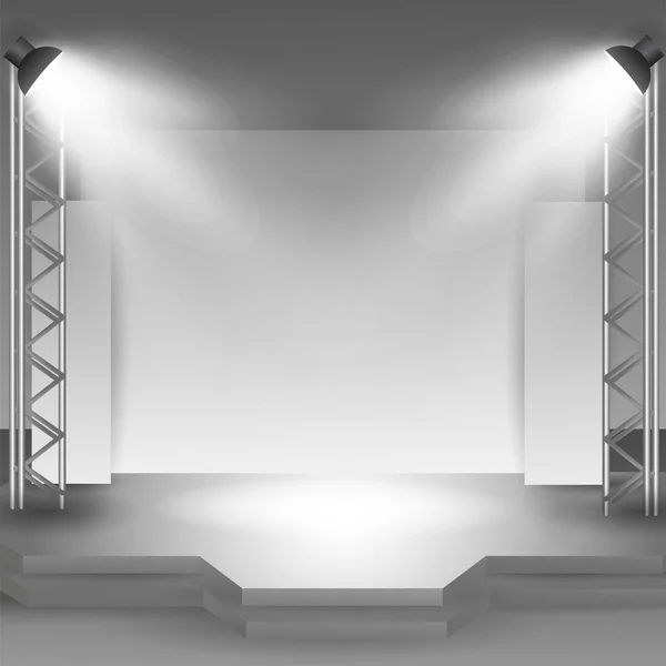 Leeres Bühnenpodest mit Scheinwerfern im leeren Studioraum zur Präsentation — Stockvektor
