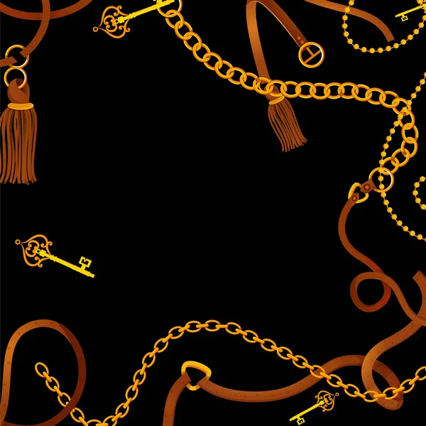 Cadena dorada ornamental antigua y cinturón de cuero sobre fondo adornado — Vector de stock