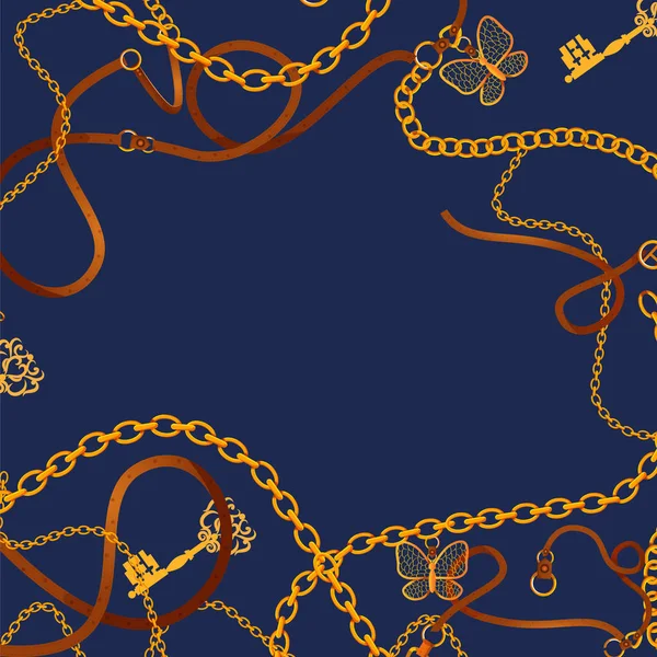Антикварний золотий ланцюг і шкіряний пояс на орнаментному фоні — стоковий вектор