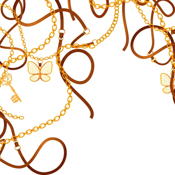 Cadena dorada ornamental antigua y cinturón de cuero sobre fondo adornado — Vector de stock