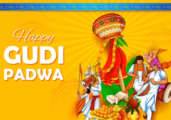 Celebração do Ano Novo Lunar Gudi Padwa em Maharastra Índia —  Vetores de Stock