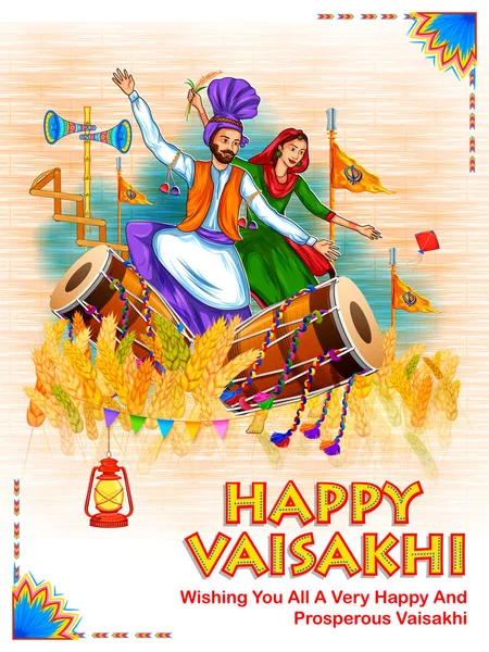 Happy Vaisakhi Punjabi lente oogst festival van Sikh viering achtergrond — Stockvector