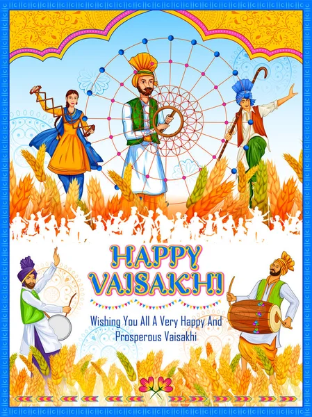 Happy Vaisakhi Punjabi lente oogst festival van Sikh viering achtergrond — Stockvector