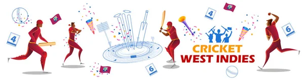 Jogador rebatedor e jogador da Equipe Oeste da Índia jogando esportes campeonato de críquete — Vetor de Stock