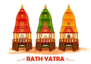 Lord Jagannath, Balabhadra ve Subhadra Odisha festivalinin arka planında geleneksel Rathayatra hakkında