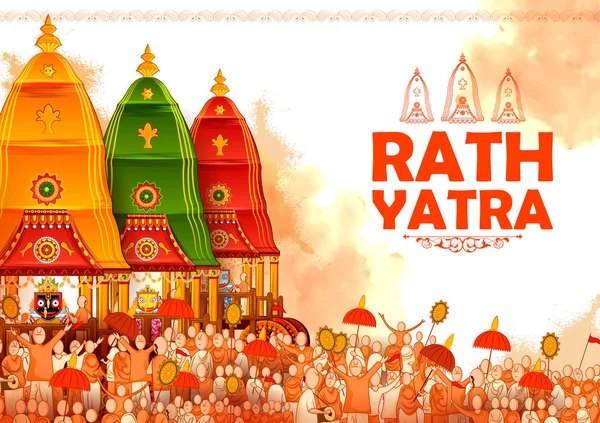 Lord Jagannath, Balabhadra y Subhadra en Rathayatra anual en el fondo del festival de Odisha — Vector de stock