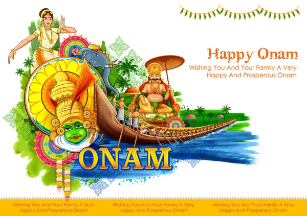 Illustrazione di sfondo colorato per il festival Happy Onam del Kerala dell'India meridionale — Vettoriale Stock