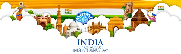 Berömda indiska monument och landmärke för Happy Independence Day of India — Stock vektor