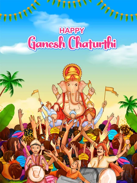 Povo indiano celebrando Lord Ganpati fundo para Ganesh Chaturthi festival da Índia —  Vetores de Stock