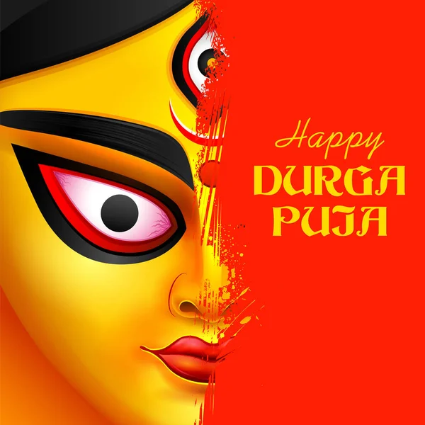 快乐的Durga Puja Subh Navratri印度宗教大旗背景下的Durga女神脸 — 图库矢量图片