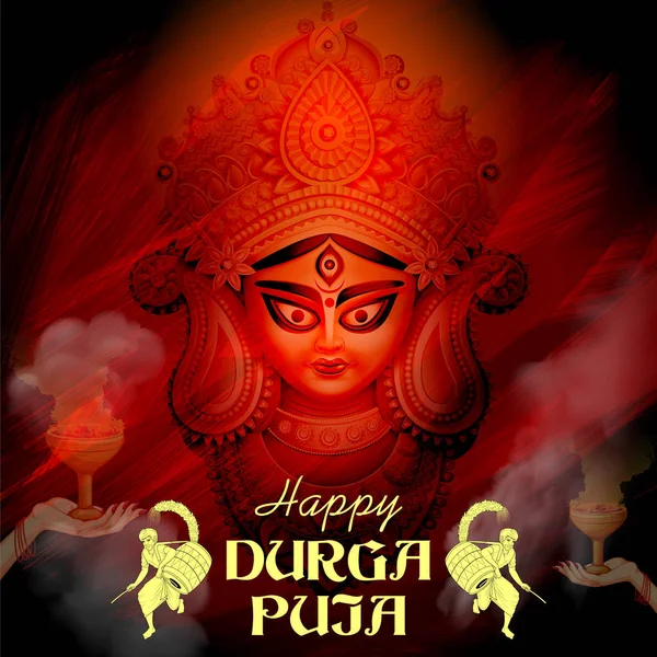 快乐的Durga Puja Subh Navratri印度宗教大旗背景下的Durga女神脸 — 图库矢量图片