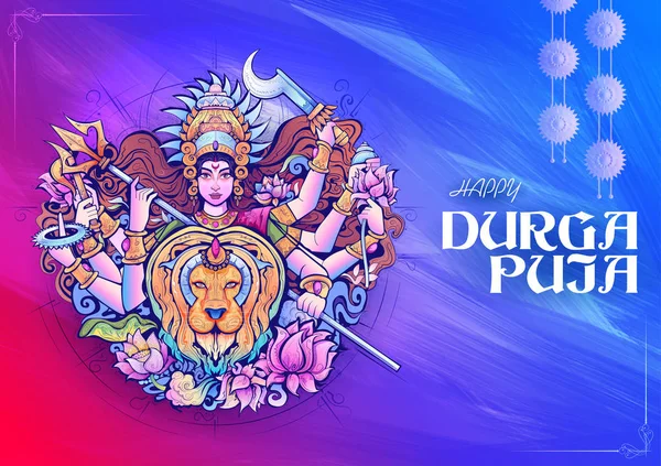 Göttin Durga Gesicht in Happy Durga Puja Subh Navratri Indische religiöse Kopfbanner Hintergrund — Stockvektor