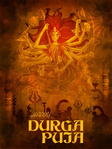 Bohyně Durga tvář v Happy Durga Puja Subh Navratri indické náboženské záhlaví banner pozadí — Stockový vektor