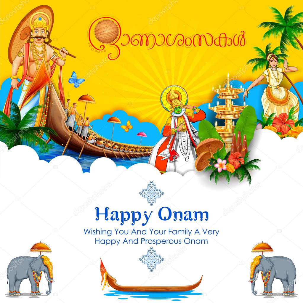 Colorful holiday banner background for Happy Onam religious festival of South India Kerala