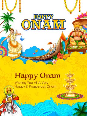 Güney Hindistan Kerala Happy Onam dini festivali için renkli tatil afiş arka plan