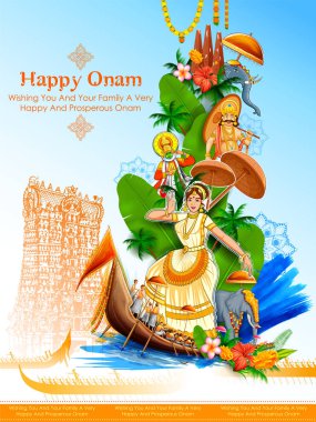 Güney Hindistan Kerala Happy Onam dini festivali için renkli tatil afiş arka plan