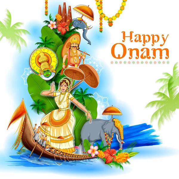Πολύχρωμο φόντο διακοπών πλαίσιο για Happy Onam θρησκευτικό φεστιβάλ της Νότιας Ινδίας Κεράλα — Διανυσματικό Αρχείο