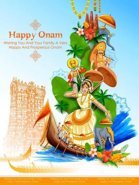 Colorato sfondo banner vacanza per Happy Onam festival religioso del Sud India Kerala — Vettoriale Stock