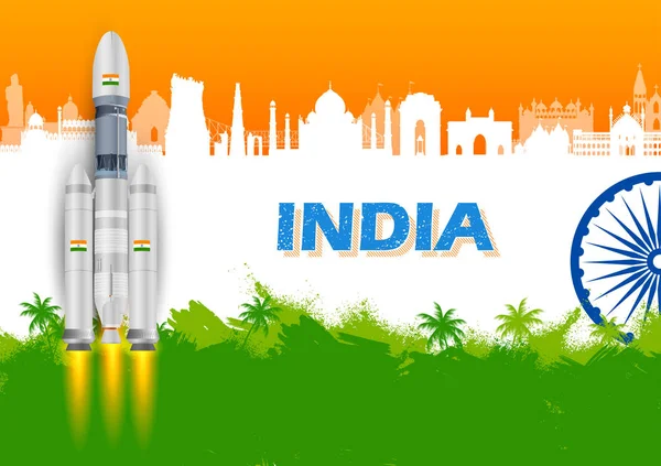 Chandrayaan Rocket Mission gelanceerd door India met driekleurige Indische vlag — Stockvector