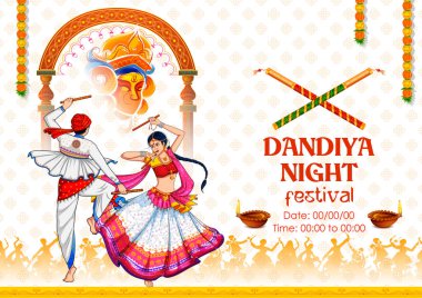Hindistan Navratri Dussehra festivali için disko Garba Gece afiş Dandiya oynayan çift