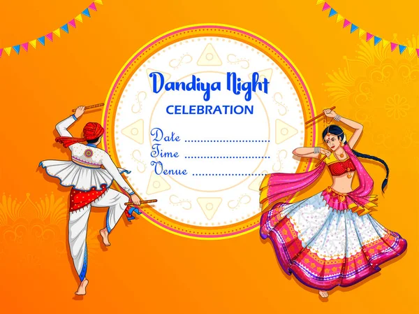 Paar spelen Dandiya in disco Garba nacht banner poster voor Navratri Dussehra Festival van India — Stockvector