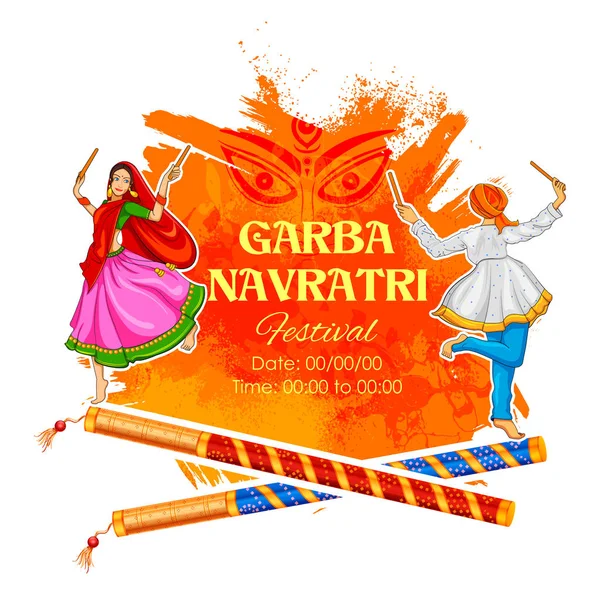 Hindistan Navratri Dussehra festivali için disko Garba Gece afiş Dandiya oynayan çift — Stok Vektör