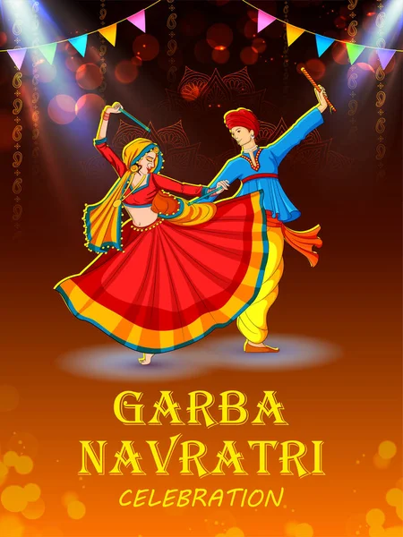 Hindistan Navratri Dussehra festivali için disko Garba Gece afiş Dandiya oynayan çift — Stok Vektör