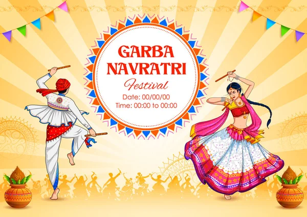 Paar spelen Dandiya in disco Garba nacht banner poster voor Navratri Dussehra Festival van India — Stockvector