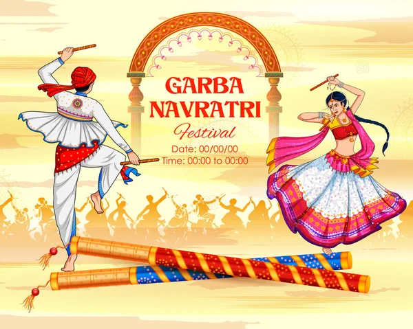 Paar spelen Dandiya in disco Garba nacht banner poster voor Navratri Dussehra Festival van India — Stockvector