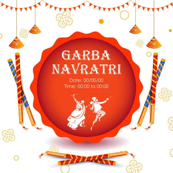 Hindistan Navratri Dussehra festivali için disko Garba Gece afiş Dandiya oynayan çift — Stok Vektör