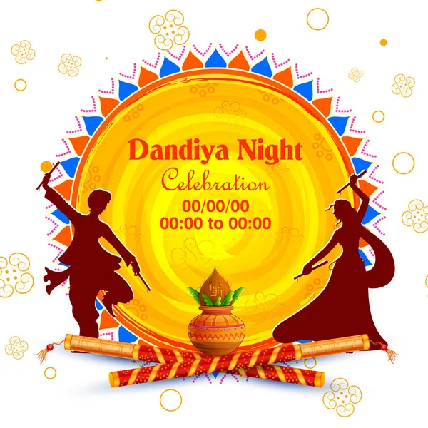 Couple jouant Dandiya en disco affiche bannière Garba Night pour Navratri Dussehra festival de l'Inde — Image vectorielle