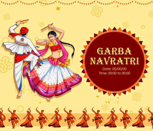 Hindistan Navratri Dussehra festivali için disko Garba Gece afiş Dandiya oynayan çift — Stok Vektör