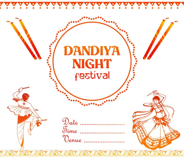 インドのナヴラトリ・デュッセラ・フェスティバルのディスコ・ガルバ・ナイト・バナー・ポスターでダンディヤを演奏するカップル — ストックベクタ