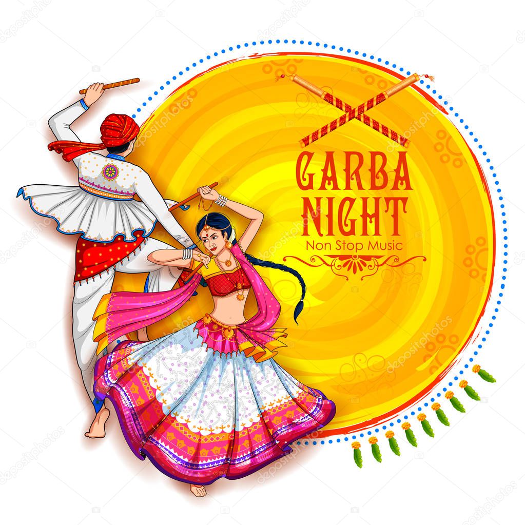 Couple playing Dandiya in disco Garba Night banner poster for Navratri Dussehra festival of India