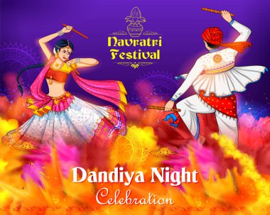 Hindistan Navratri Dussehra festivali için disko Garba Gece afiş Dandiya oynayan çift